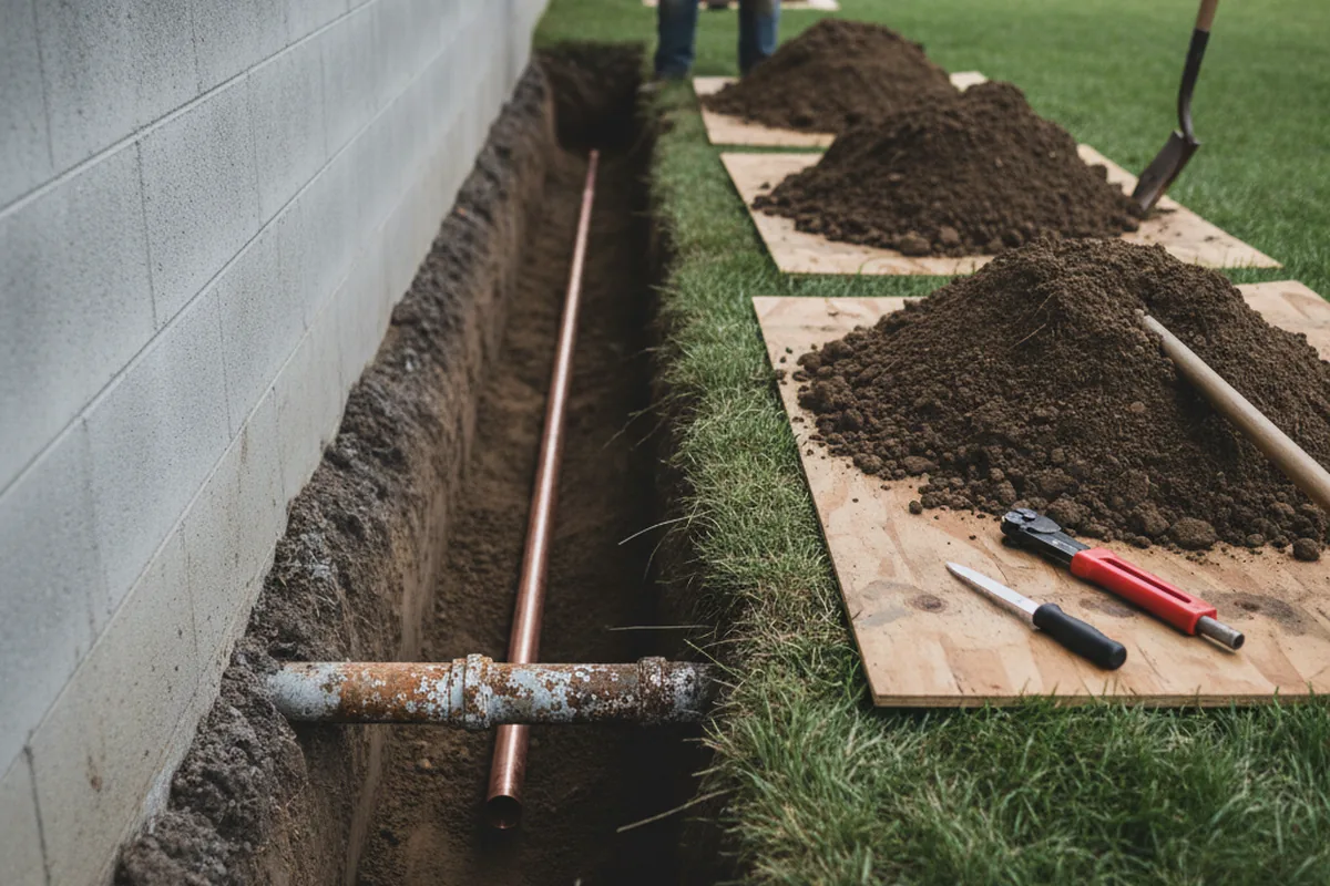 Excavated water line trench during Water Softener Installation in Lavelle